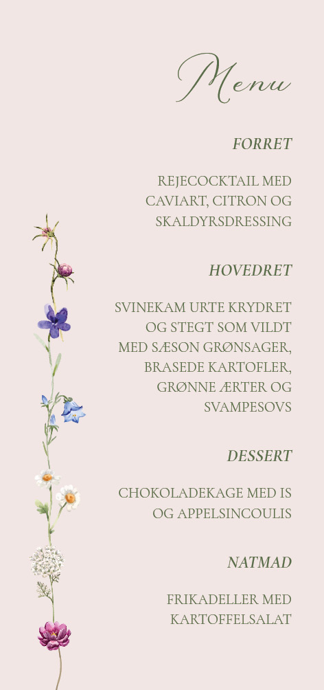 
                Skønt menukort med blomster i fine farver til din konfirmation. 
Til designet kommer også matchende elementer i form af velkomstskilt, bordoversigt, invitation, bordkort, drinkskort, takkekort mm. således I kan skabe en rød tråd for dagen.                